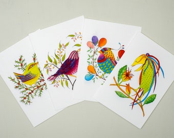 Whimsical Bird Notecard Set: Colorful Watercolor Art, buy any or all of five card set