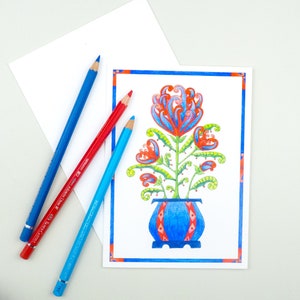 Tulip note card, unique greeting card,  folk art tulip, whimsical greeting card