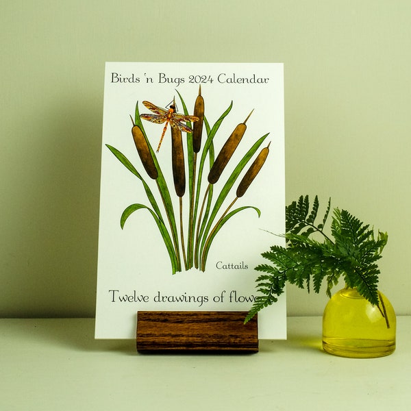 2024 Small desk calendar with optional oak stand,  Birds 'n Bugs calendar, 2024 art calendar, Botanical calendar