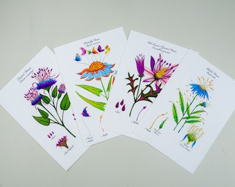 Botanical art card assortment, Handmade flower discount card set, Whimsical watercolor flowers