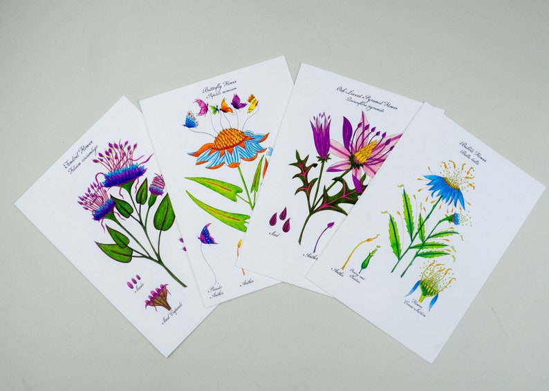 Botanical art card assortment, Handmade flower discount card set, Whimsical watercolor flowers image 1