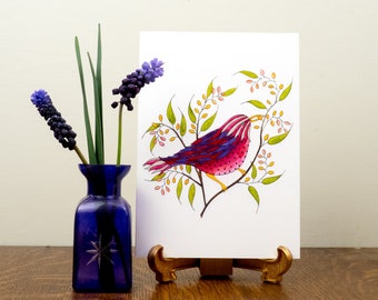 Pink bird with berries, Sweet purple and pink bird, Folk art bird, gardener's card, bird lovers greetings