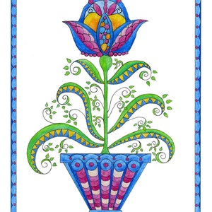 May include: A stylized blue flower with yellow and pink accents in a blue and pink striped pot with a green stem and leaves.