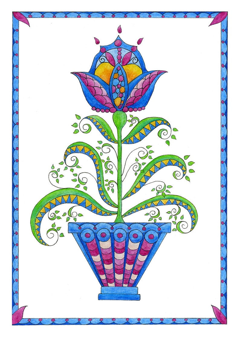 May include: A stylized blue flower with yellow and pink accents in a blue and pink striped pot with a green stem and leaves.