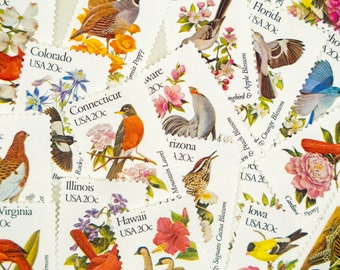25 State bird and flower stamps, vintage wedding, wedding postage, bird stamps, stamps with flowers