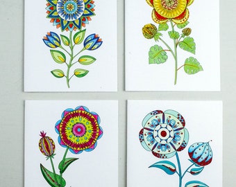 Whimsical mandela flower notecard set, colorful fantasy flowers, 4 card set