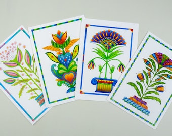 Botanical Card Set: Handmade Pennsylvania Dutch Fraktur Folk Art Flower Cards, Buy Cards Individually or Whole 4 Card Set