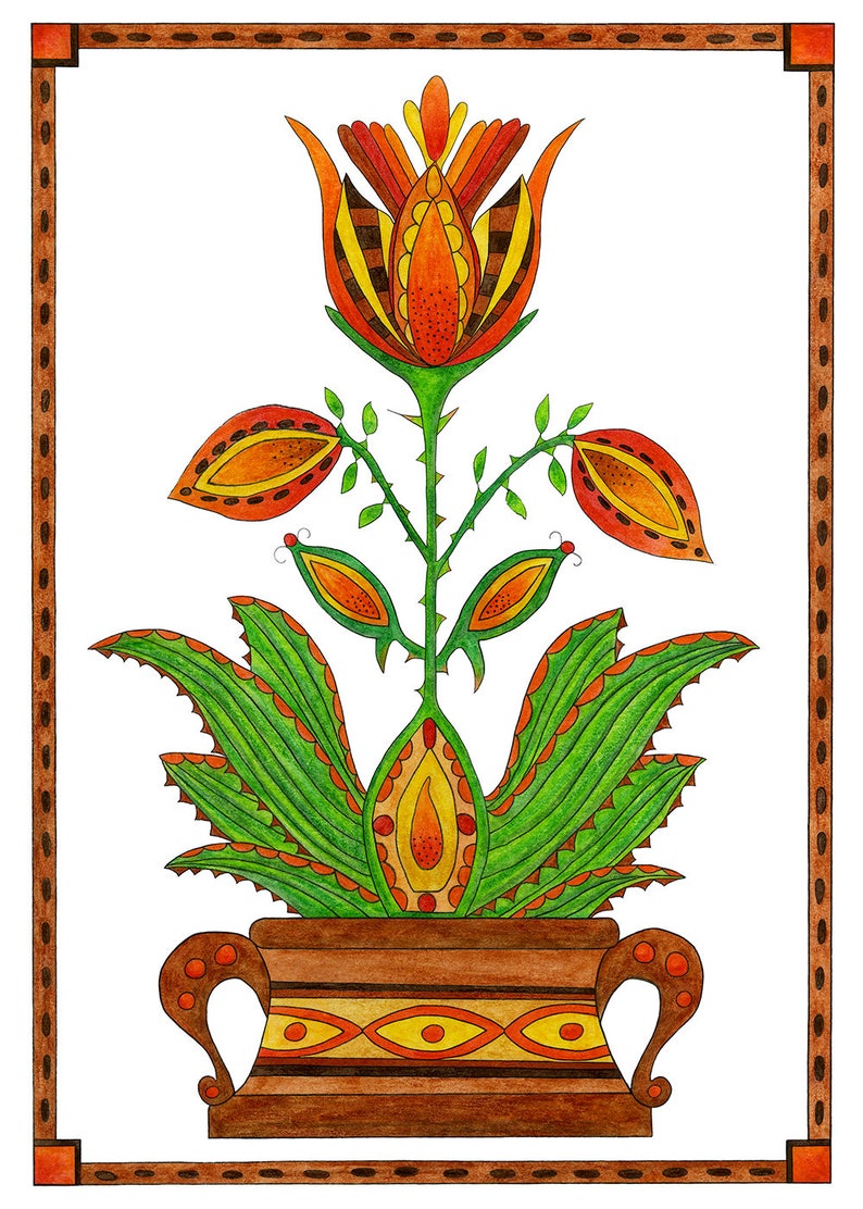 May include: A stylized illustration of a potted plant with orange, yellow, and green flowers. The plant is in a brown pot with a geometric design.