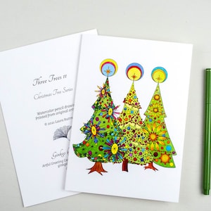 Trois sapins de Noël rétro, carte de Noël moderne du milieu du siècle, carte de Noël trois arbres, carte de vacances festive