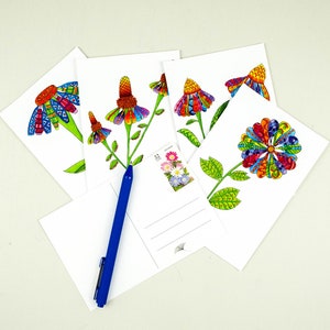 Gänseblümchen Postkarten, 4 x 6 Gänseblümchen Drucke, Florale Postkarten, Botanische Postkarten Set, Prairie Flower Karten, Zentangle Blumen, Coneflower Karte