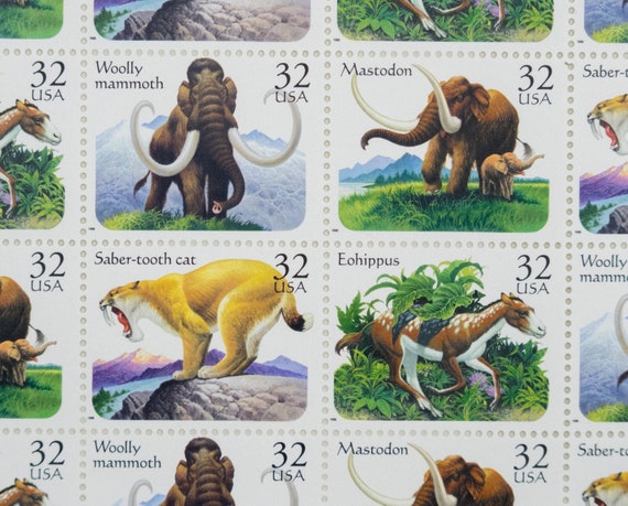 20 Pre-historic Animal Stamps, Vintage Postage Stamps, Woolly Mammoth,  Saber Tooth Tiger, Mastodon, Eohippus 