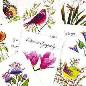 Cartes de notes botaniques avec sentiments, Ensemble de cartes de notes toutes les occasions, Petit jeu de cartes de notes, Bonjour, Get well, Sympathy, Thank you, Set 1
