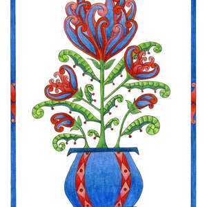 May include: A stylized illustration of a blue vase with red and white geometric patterns. The vase holds a whimsical flower with red, blue, and green petals.