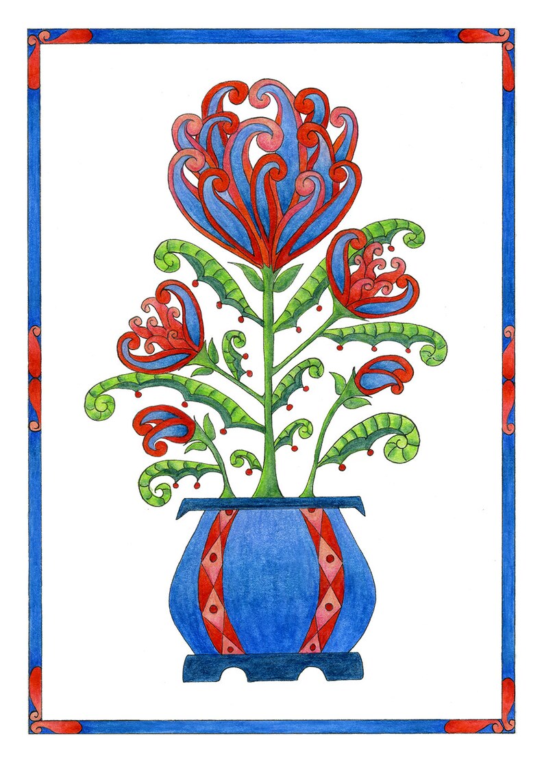 May include: A stylized illustration of a blue vase with red and white geometric patterns. The vase holds a whimsical flower with red, blue, and green petals.