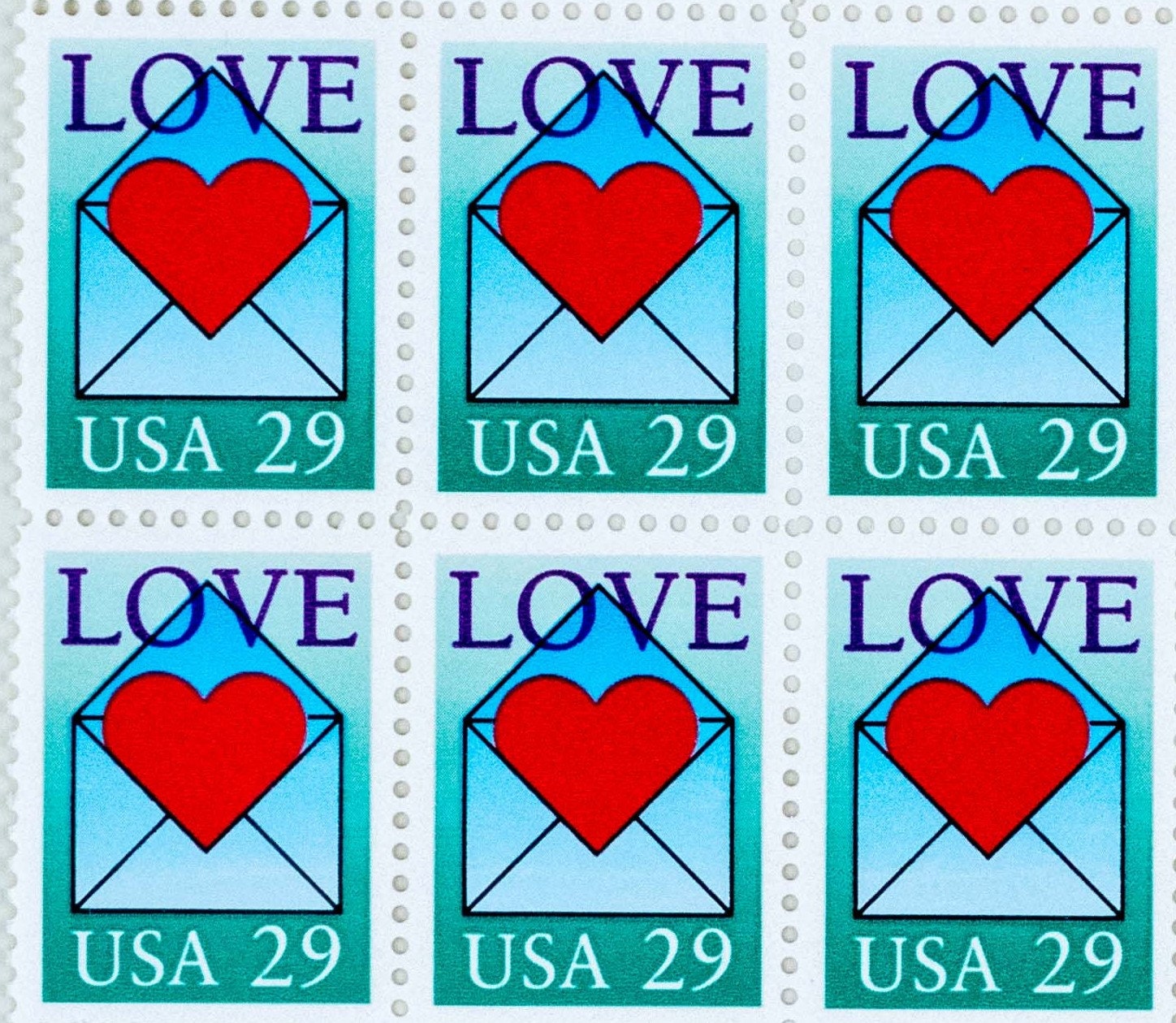 16 Love Series Stamps, Envelope With Heart, 29 Cent Postage 