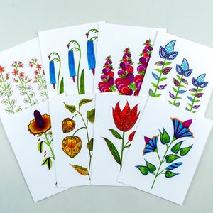 Juego de 4 u 8 tarjetas pequeñas con flores de fantasía, flores coloridas y extravagantes, linternas japonesas, tulipanes, malvarrosas, flores de cachemira, gloria de la mañana