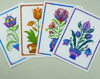 Folk art card assortment, botanical card set, floral note cards, buy Individual Cards or Whole 4 Card Set