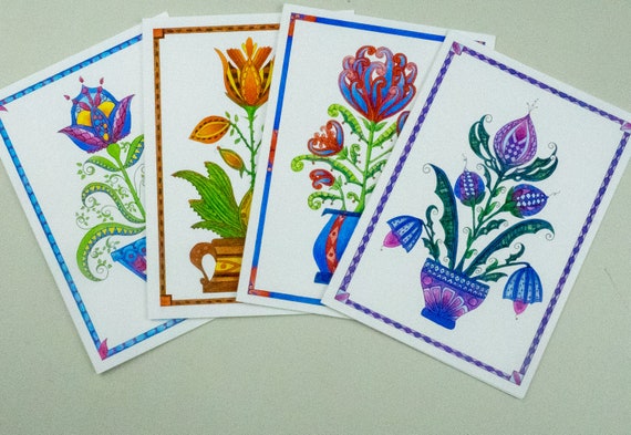 Folk art card assortment, botanical card set, floral note cards, buy Individual Cards or Whole 4 Card Set