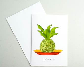 Kokedama houseplant greeting card, Birds nest fern card, Asplenium nidus, Japanese decor, gardener greeting card