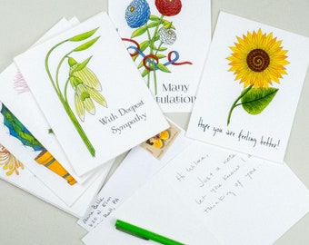 6 or 12 all occasion small notecard set, Garden designs, Seasonal card set, Cards for gardeners, floral notecard set