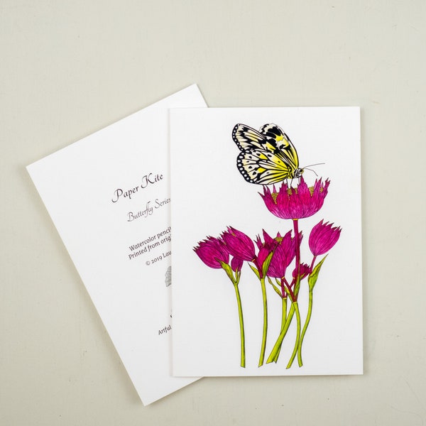 Paper Kite Butterfly greeting card, Butterfly stationary, Magenta masterwort flower notecard, Pollinator greetings, card for gardener