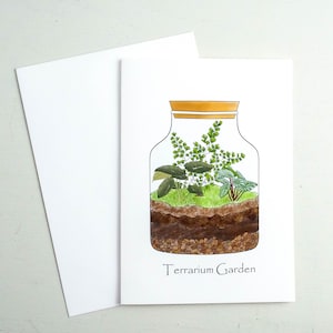 Carte de voeux de jardin de terrarium, carte de fougère de maidenhair, alocasia, cas de gardien, plantes d'intérieur sous glasspepperomia, carte de voeux de jardinier