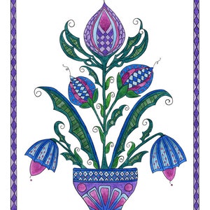 May include: A stylized floral arrangement with three blue and pink flowers in a blue and purple patterned vase. The flowers have intricate details and are surrounded by green leaves.