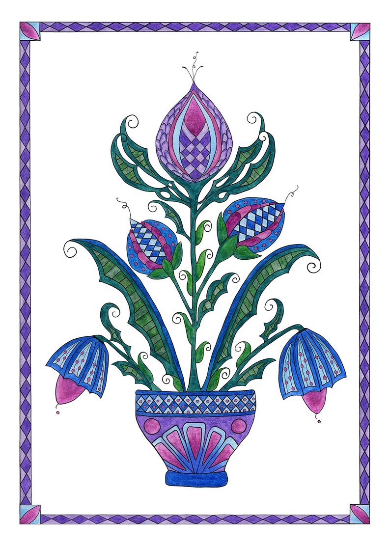 May include: A stylized floral arrangement with three blue and pink flowers in a blue and purple patterned vase. The flowers have intricate details and are surrounded by green leaves.