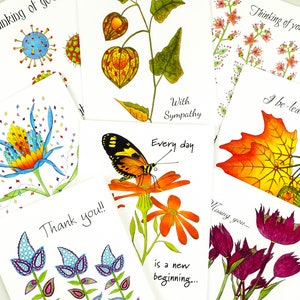 Ensemble de cartes de notes toutes occasions, Cartes botaniques avec sentiments, Petite carte de quarantaine ensemble, Miss you, Thinking of you, Merci, Set 2