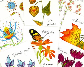 All occasion notecard set, Botanical notecards with sentiments, Quarantine small notecard set, Miss you, Thinking of you, Thank you, Set 2