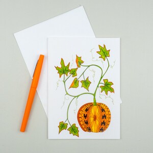 Tarjeta con calabaza, tarjeta de temporada de otoño, saludos de Halloween, tarjeta con calabaza de Acción de Gracias, "Calabaza rizada", serie de jardín