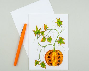 Pumpkin vine card, Fall seasonal card, Halloween greetings, Thanksgiving pumpkin gourd card, "Curly Pumpkin", garden series