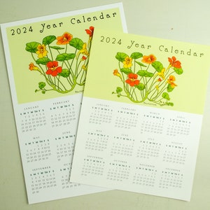 2024 Nasturtium wall calendar, Year at a glance, Floral botanical calendar, 2024 wall art, one page wall calendar, 8.5x11 or 9x13 inch
