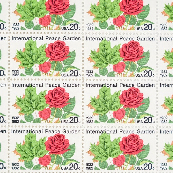 25 International Peace Garden red rose stamps, unused vintage flower postage, wedding flower stamps
