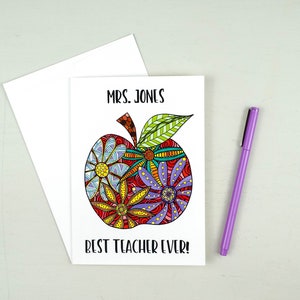 Tarjeta de felicitación de manzana zentangle, tarjeta de agradecimiento para el maestro, tarjeta de agradecimiento personalizada, tarjeta de felicitación de manzana, tarjeta de gratitud