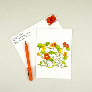 Saudações de flores de capuchinha, cartão para jardineiro, cartão de flores de jardim, papelaria de capuchinha, cartão de aniversário de capuchinha
