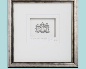 Sisters, Family, Girls, Friends Pewter framed, Wood Frame 9” x 9” x 1", Signed Mat, Cynthia Webb Designs