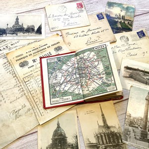 Paquete de efímeras vintage de París / Mapas de la A a la Z, postales, facturas y sobres / Kit para diario basura / Materiales para scrapbooking francés
