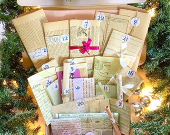 Junk Journal Advent Calendar, Large Collage Fodder Bundle of French Vintage Book Pages, Documents and Ephemera