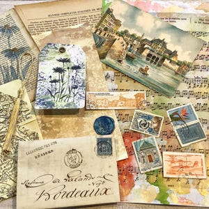 Kit di ispirazione per il Junk Journal, bundle di spunti artistici a colori con carte antiche francesi, cartoline, francobolli, sfondi e materiale effimero