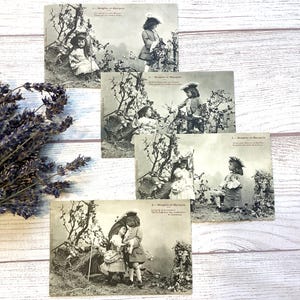 Set of 4 Vintage French Postcards – Bergère et Marquis – Black and White 1920s Children&#39;s Cards Written to Nénette from her Aunt