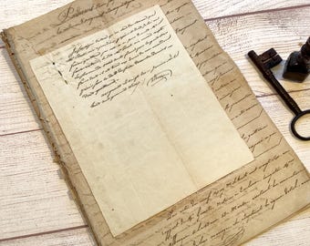 Large 1846 French Legal Manuscript Document – Handwritten on Oversized Antique Paper – 16 Pages – Junk Journal & Theatre Prop