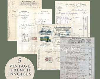 Descarga digital: Juego de 2 facturas francesas antiguas (5 unidades), efímeras antiguas con escritura cursiva manuscrita.