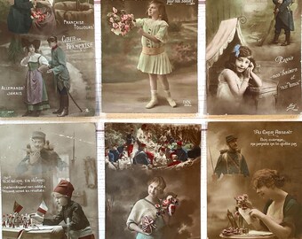 6 Romantic WWI French Military Postcards 1916, Written & Stamped, Ephemera