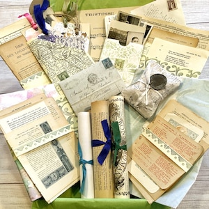 Mega Junk Journal Gift Box di carte francesi vintage, documenti antichi, effimeri, carte dipinte a mano e altro ancora, per collage e scrapbooking
