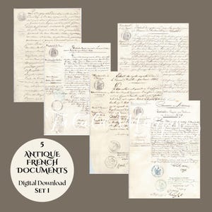 May include: A collection of five antique French documents with handwritten script and official seals. The documents are arranged on a neutral background. The image includes text that reads "5 Antique French Documents Digital Download Set 1."