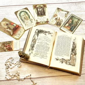 Missel ilustrado francês de 1897, livro de orações vintage para paroquianos com 6 cartões de oração, missal católico colecionável com capa de couro antigo