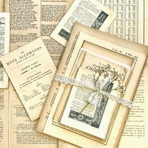 Lot de pages de livres en français vintage pour journalisation indésirable, paquet de papier à collage, texte en vieux français pour scrapbooking éphémères. Plus de 80 pages.