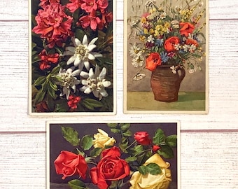 Set of 3 Vintage French Floral Postcards 1950s Ephemera for Junk Journals