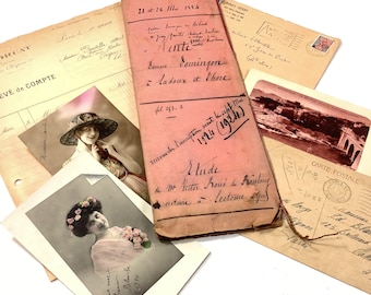 Antique French Ephemera Bundle Pink Papers 1884 Legal Document Vintage Handwriting Postcards Junk Journal Kit